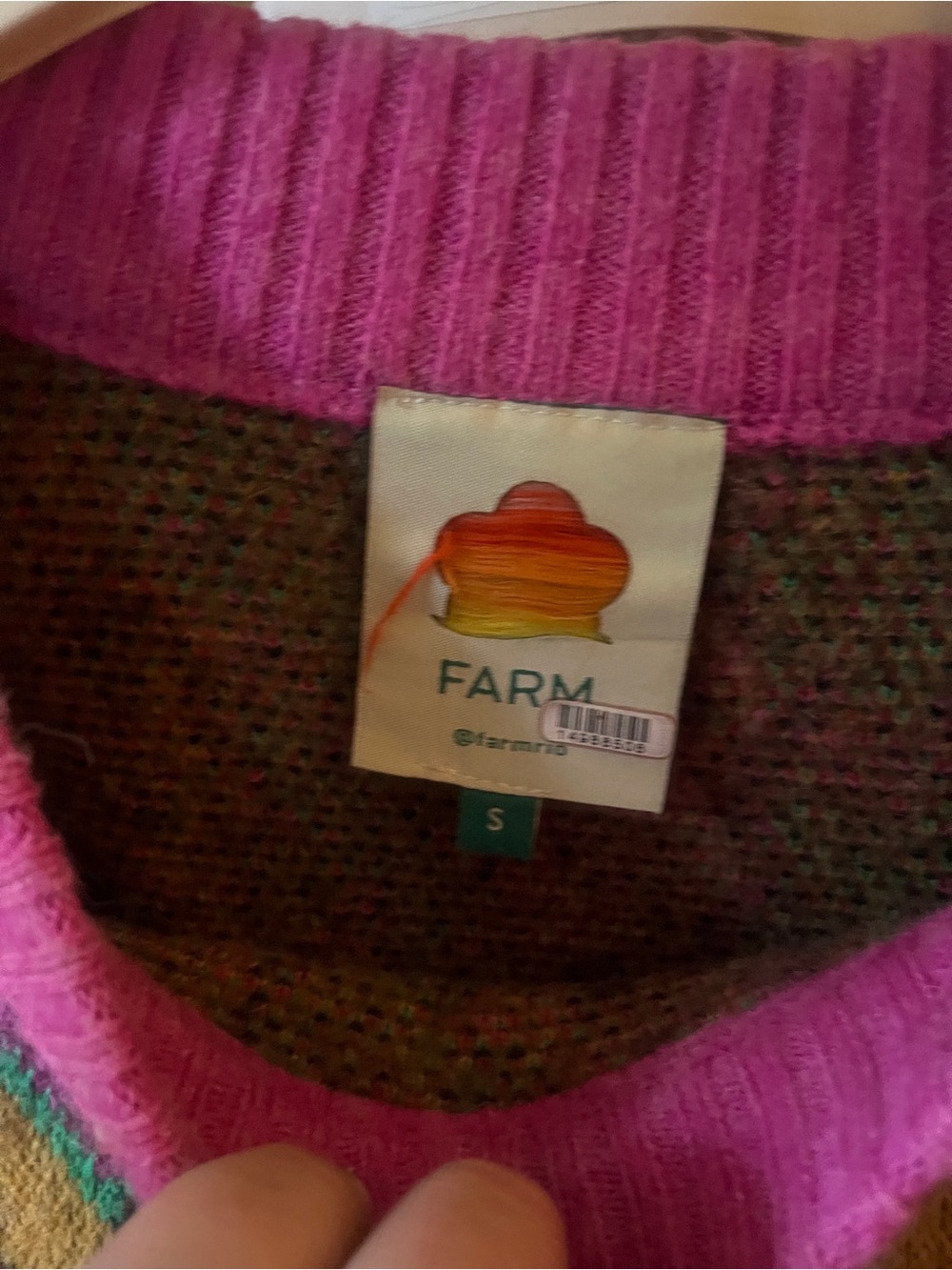 FARM Rio Pink, Green & Red Patterned Crewneck Sweater crochet sleeves - Picture 4 of 5